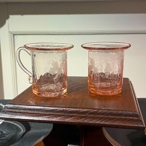 Vintage handmade hand etched pink depression glass mugs sugar creamer, 2 count